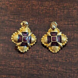 Vintage Dauplaise Statement Earrings Gold‎ Garnet Tone Costume Jewelry Victorian